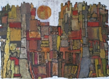 Stadt mit oranger Sonne 100x80